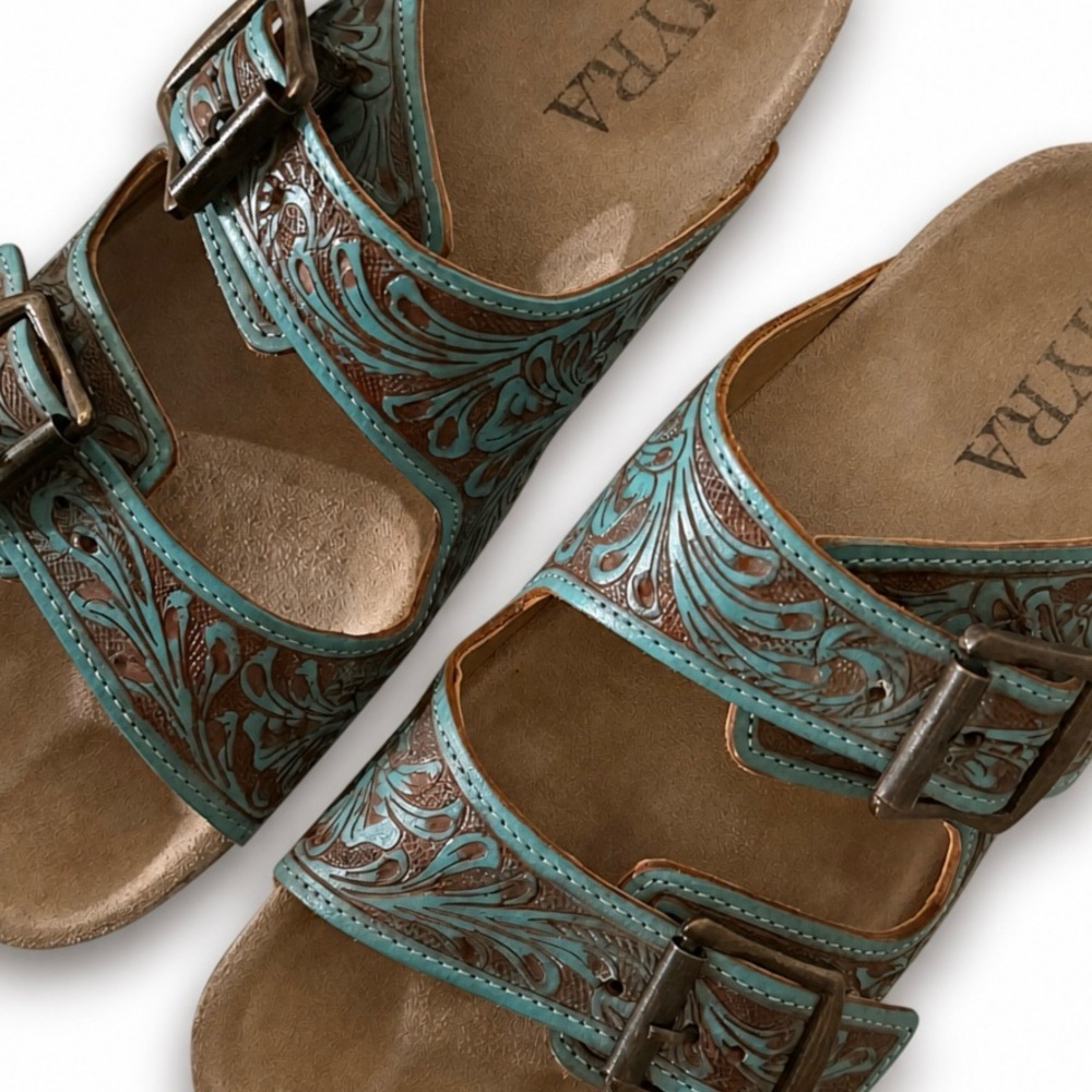 Myra Bag Turquoise Tooled Leather Buckle Sandals Cork Footbed Western Boho US 8
